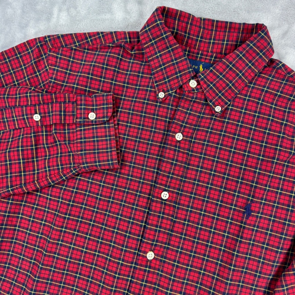 Ralph Lauren Flannel Plaid Shirt Mens L‎ Red Navy Cotton Tartan Long Sleeve